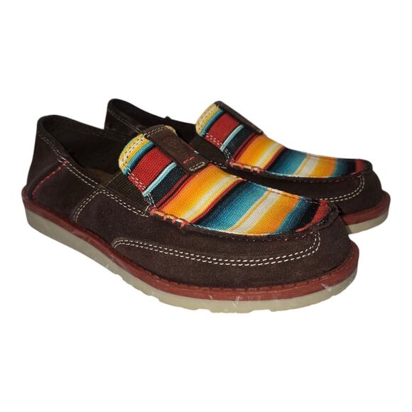 ARIAT Girls Size 13Y Brown Leather Serape Print Canvas Cruiser Slip-On Shoes